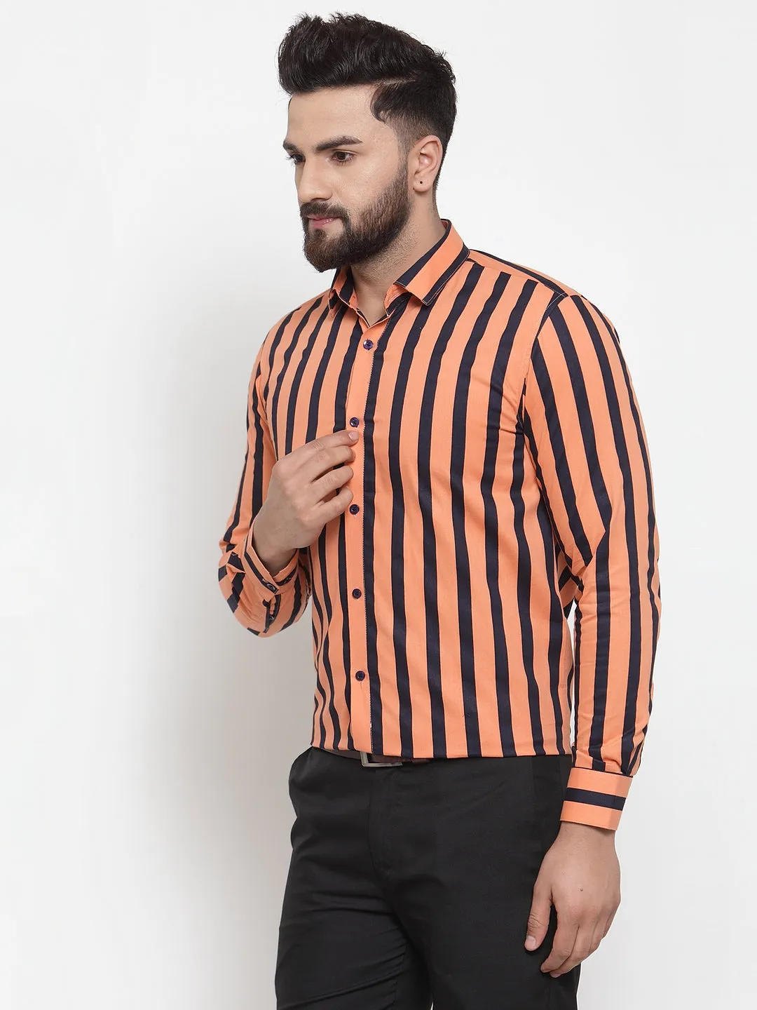 Men's Orange Cotton Striped Formal Shirts ( SF 744Orange ) - Jainish