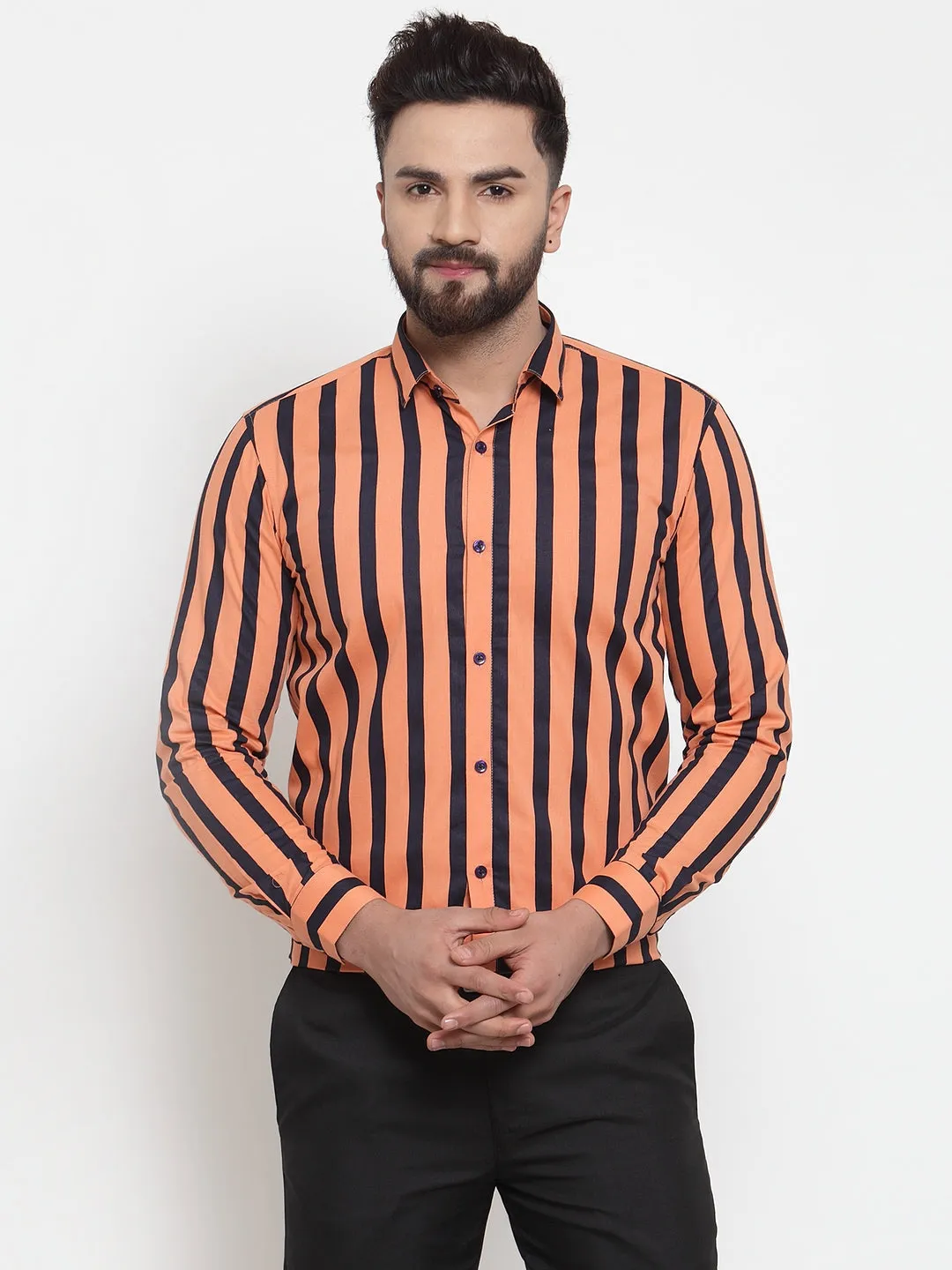 Men's Orange Cotton Striped Formal Shirts ( SF 744Orange ) - Jainish