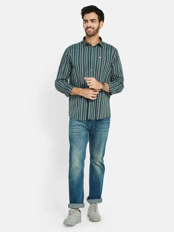 Mettle Men Green Opaque Striped Casual Shirt