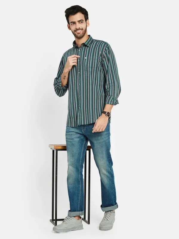 Mettle Men Green Opaque Striped Casual Shirt