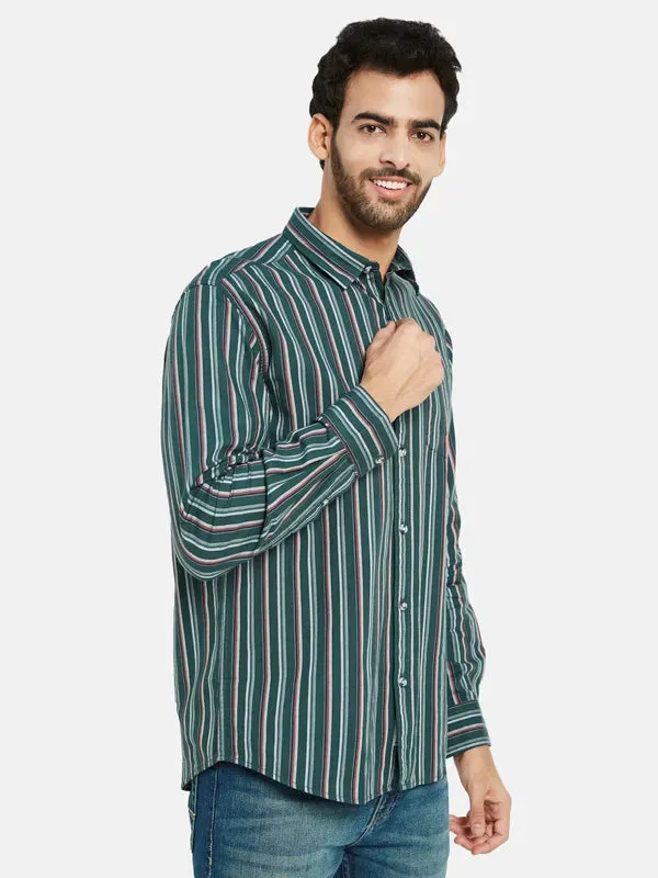 Mettle Men Green Opaque Striped Casual Shirt