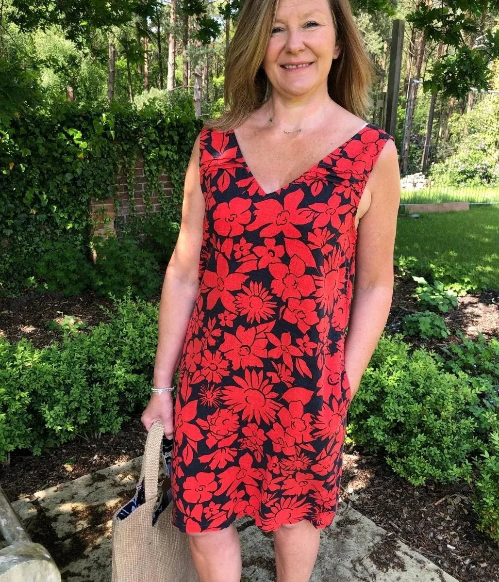 Navy & Red Floral Linen Blend Dress