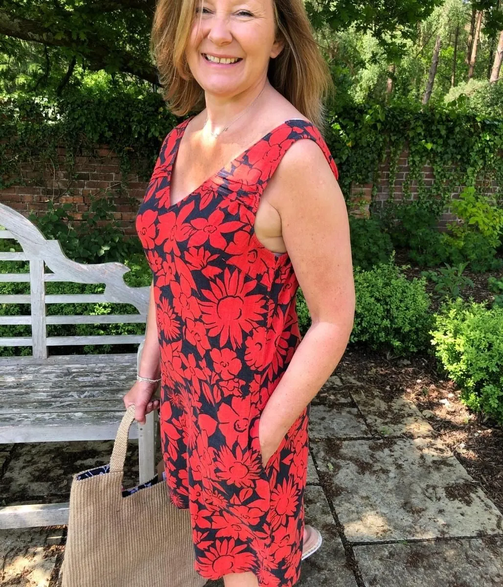 Navy & Red Floral Linen Blend Dress