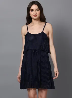 Navy Shift Dress in Pleated Shimmer Fabric