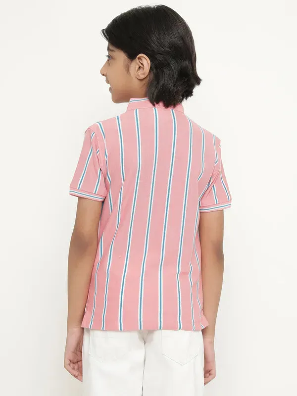 Octave Boys Vertical Striped Mandarin Collar Cotton T-Shirt