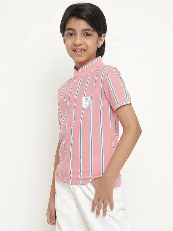 Octave Boys Vertical Striped Mandarin Collar Cotton T-Shirt