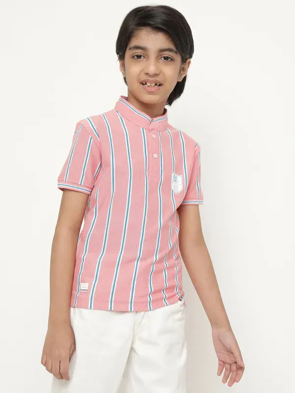 Octave Boys Vertical Striped Mandarin Collar Cotton T-Shirt