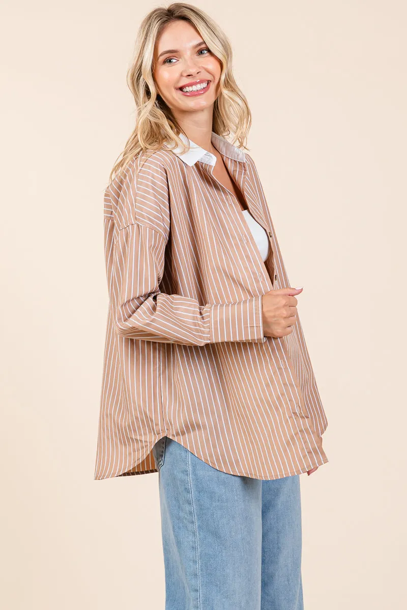 Oversized Button Down Collared Stripe Shirt Blouse