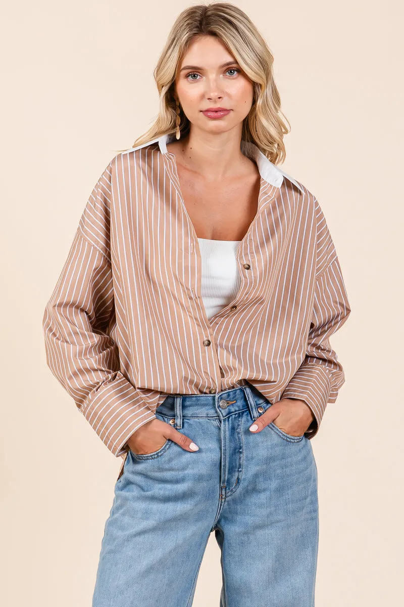 Oversized Button Down Collared Stripe Shirt Blouse