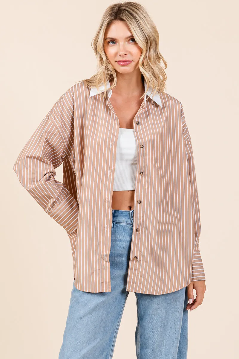 Oversized Button Down Collared Stripe Shirt Blouse