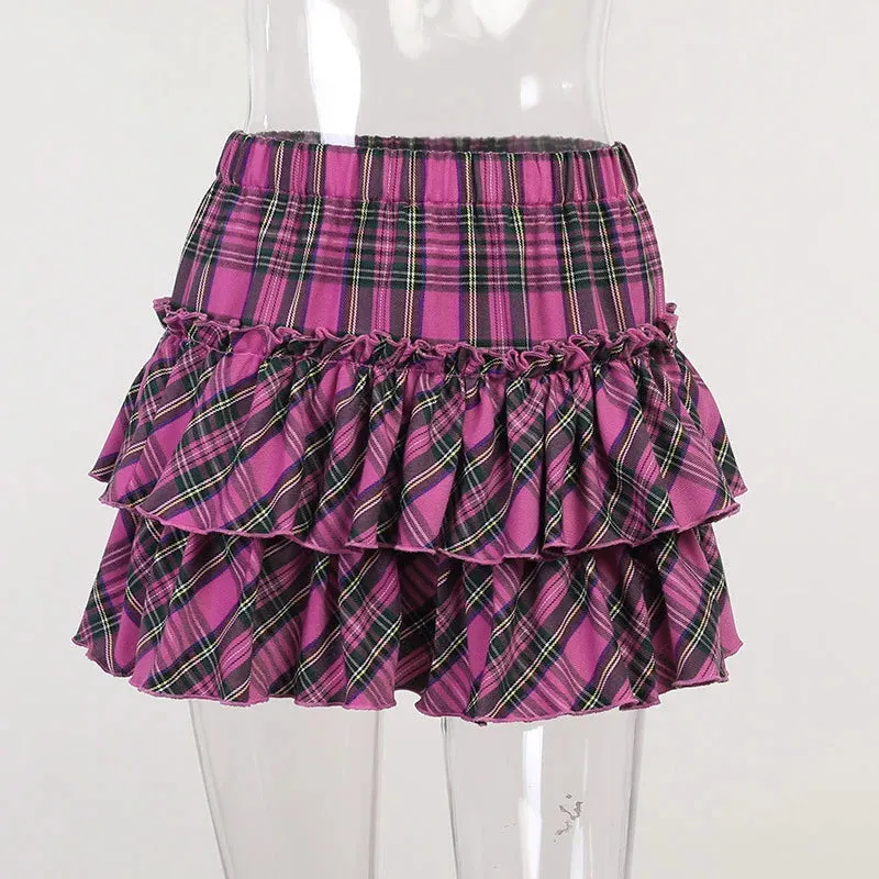 Pink Japanese High Waist Plaid Slim Skirt