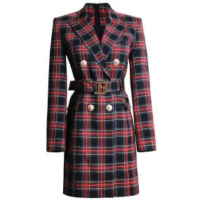 Plaid Double-Breasted Blazer Dress with Belt