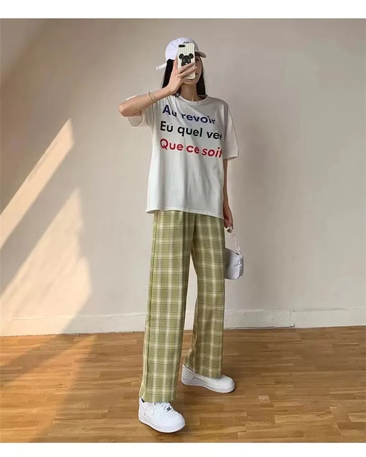 Plaid Wide Leg Pants Women Streaming Loose Student Drape Slim Look Summer Petite Straight Jeans Casual Chequered Long Pants