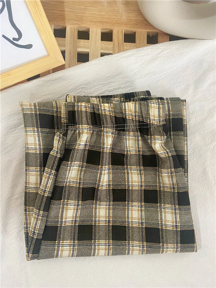 Plaid Wide Leg Pants Women Streaming Loose Student Drape Slim Look Summer Petite Straight Jeans Casual Chequered Long Pants