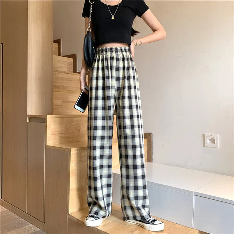 Plaid Wide Leg Pants Women Streaming Loose Student Drape Slim Look Summer Petite Straight Jeans Casual Chequered Long Pants