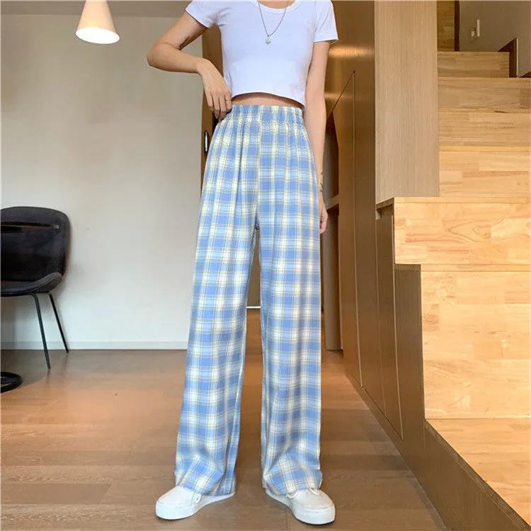 Plaid Wide Leg Pants Women Streaming Loose Student Drape Slim Look Summer Petite Straight Jeans Casual Chequered Long Pants