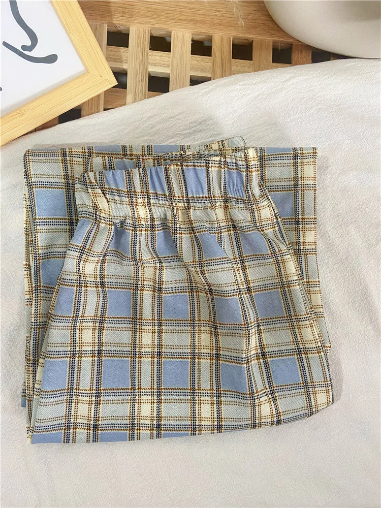 Plaid Wide Leg Pants Women Streaming Loose Student Drape Slim Look Summer Petite Straight Jeans Casual Chequered Long Pants