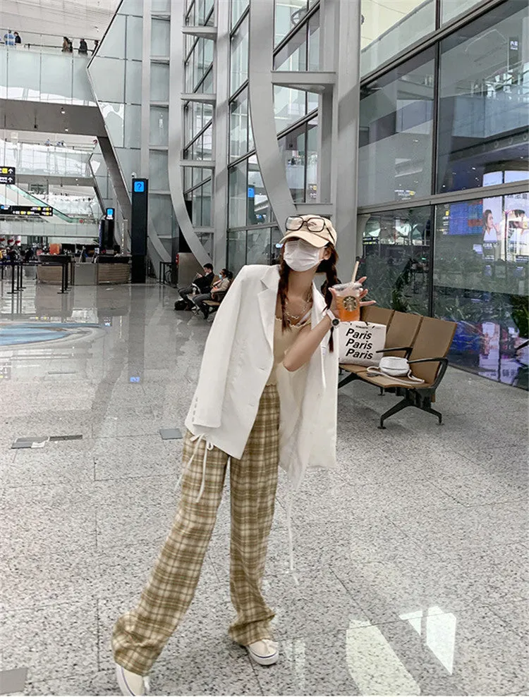 Plaid Wide Leg Pants Women Streaming Loose Student Drape Slim Look Summer Petite Straight Jeans Casual Chequered Long Pants