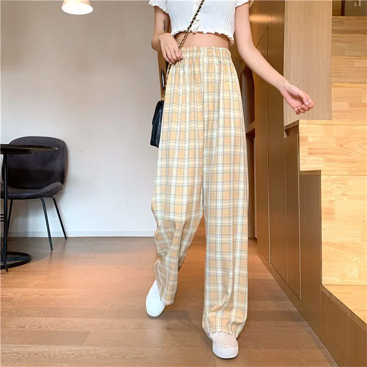 Plaid Wide Leg Pants Women Streaming Loose Student Drape Slim Look Summer Petite Straight Jeans Casual Chequered Long Pants