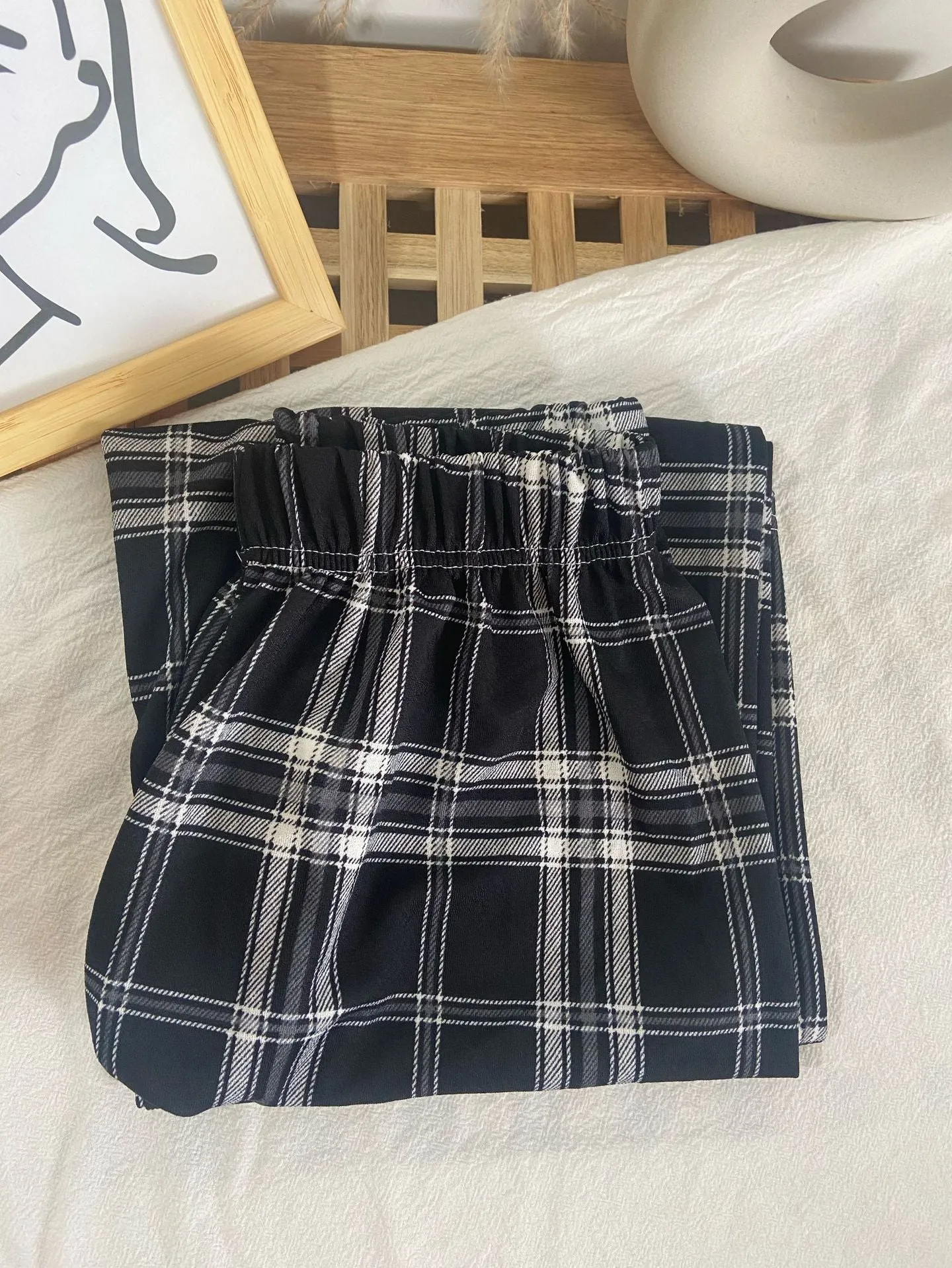 Plaid Wide Leg Pants Women Streaming Loose Student Drape Slim Look Summer Petite Straight Jeans Casual Chequered Long Pants