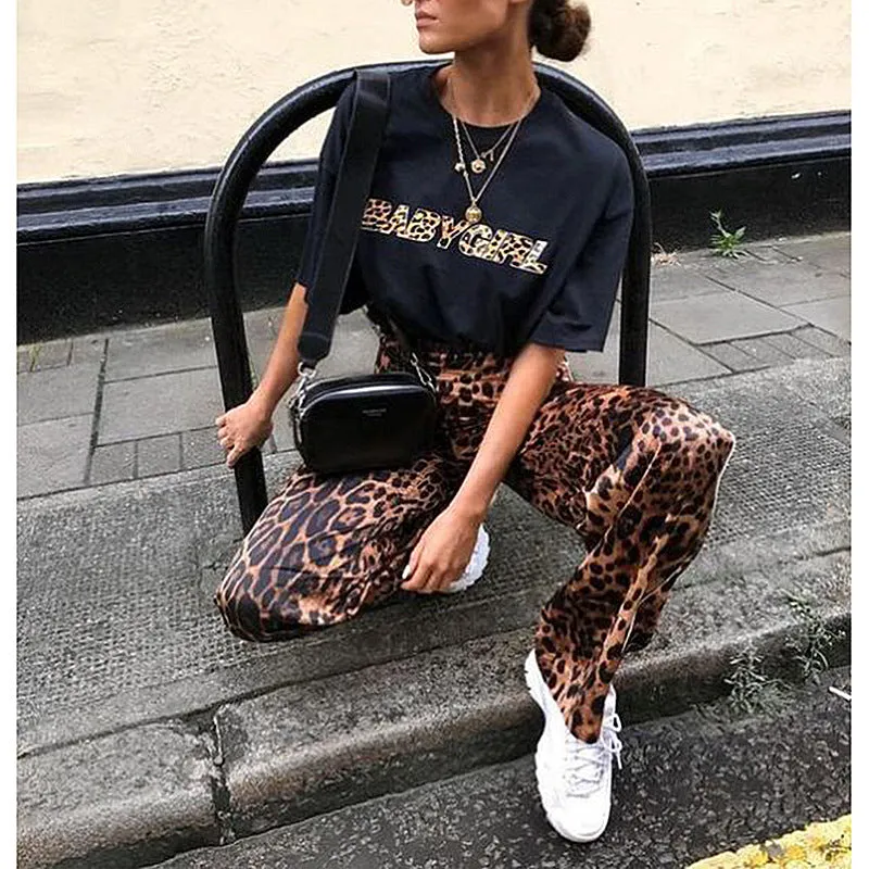 Popular Europe Women Leopard Stripes Printed Loose Casual Wide Leg Pants Long OM Pants