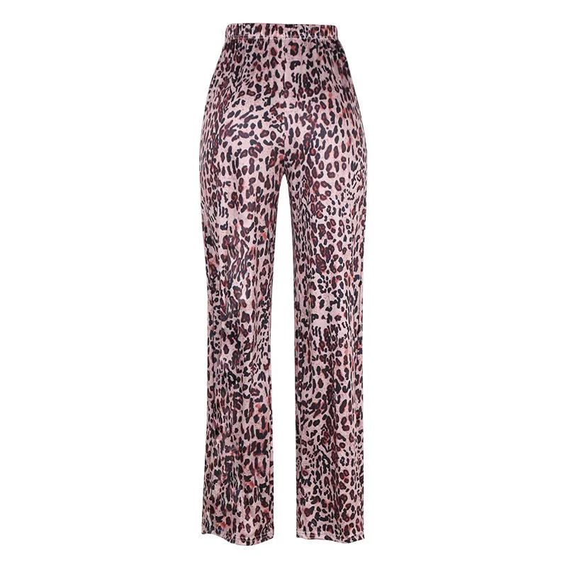 Popular Europe Women Leopard Stripes Printed Loose Casual Wide Leg Pants Long OM Pants