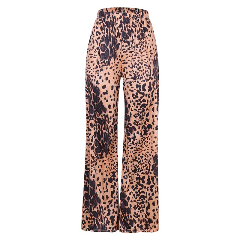 Popular Europe Women Leopard Stripes Printed Loose Casual Wide Leg Pants Long OM Pants