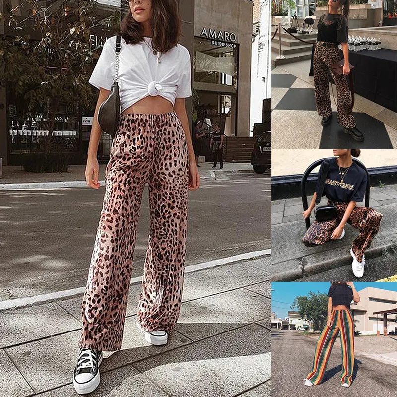 Popular Europe Women Leopard Stripes Printed Loose Casual Wide Leg Pants Long OM Pants