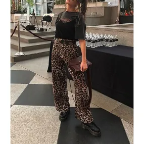 Popular Europe Women Leopard Stripes Printed Loose Casual Wide Leg Pants Long OM Pants