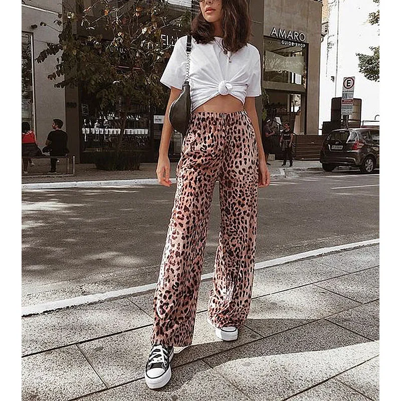 Popular Europe Women Leopard Stripes Printed Loose Casual Wide Leg Pants Long OM Pants