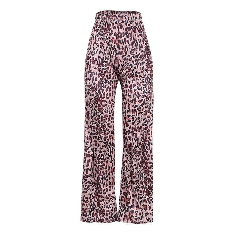 Popular Europe Women Leopard Stripes Printed Loose Casual Wide Leg Pants Long OM Pants