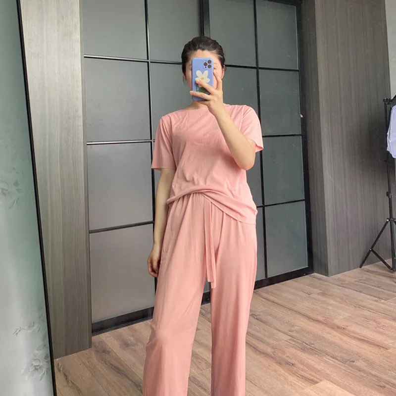 Popular Summer Sets Thin Solid Colored Short Sleeve Elastic Waist Long Pants Loungewear