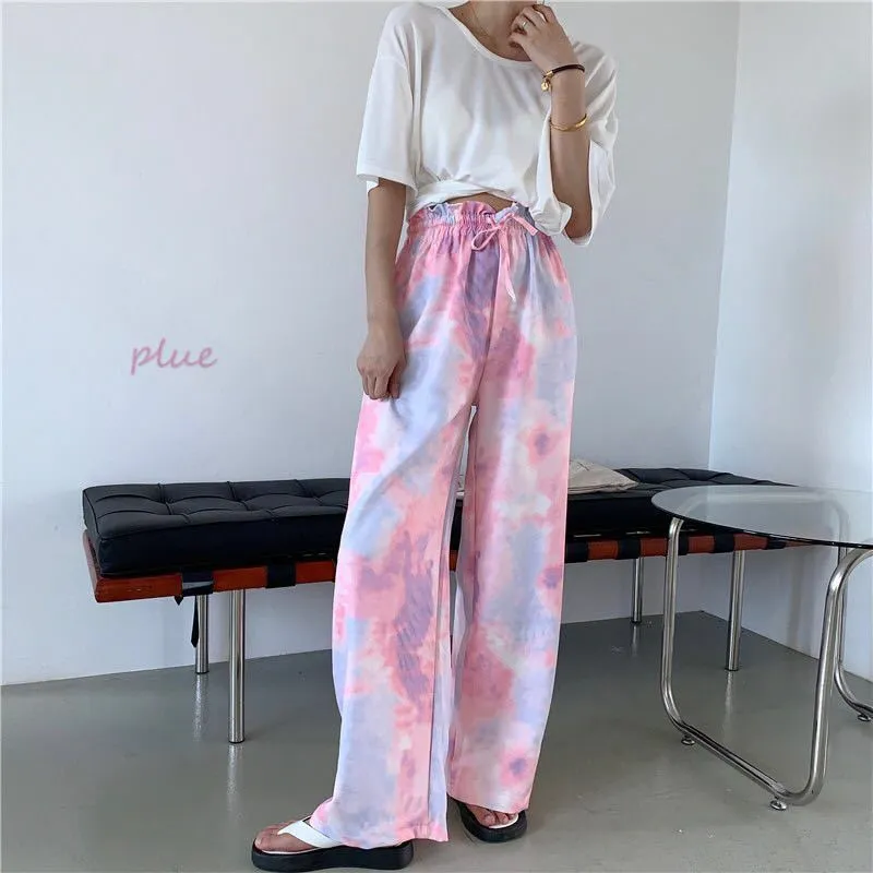 Popular Women Summer Europe Wide Leg Dye High Waist Casual Loose Pants