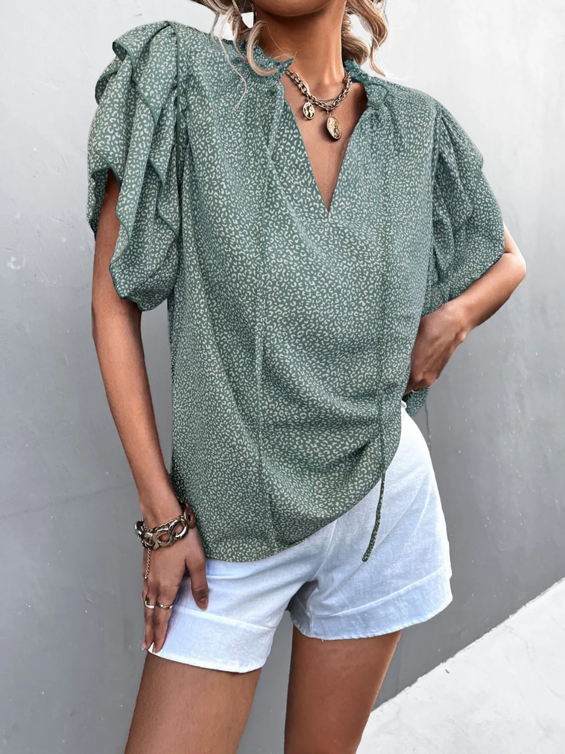 Printed Flutter Sleeve V-Neck Top