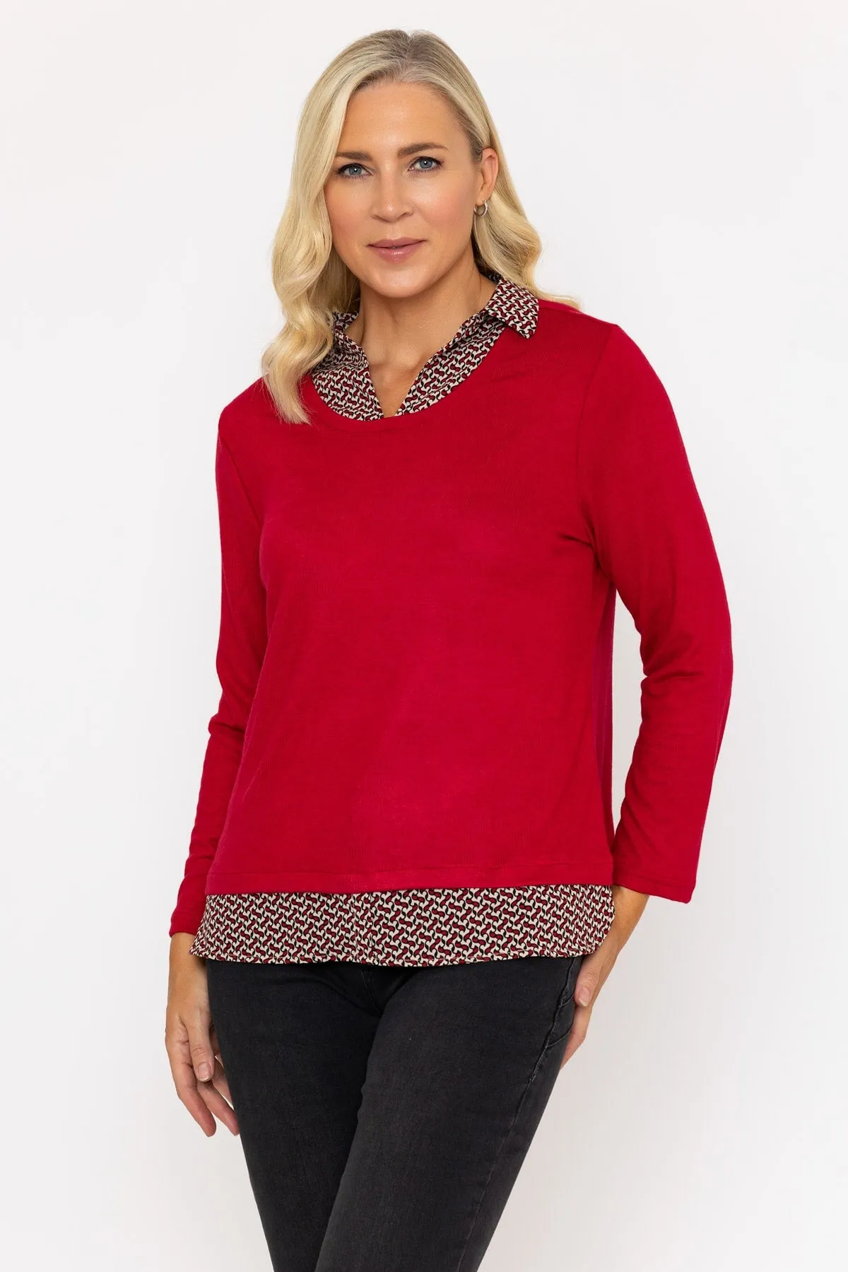 Red Top With Print Collar & Hem