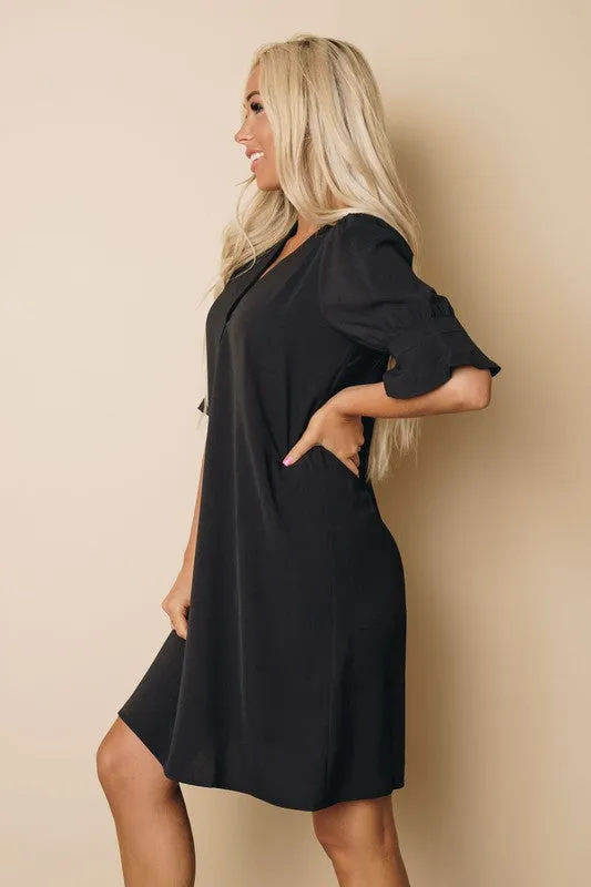 Ruffle Sleeve Shift Dress - Black