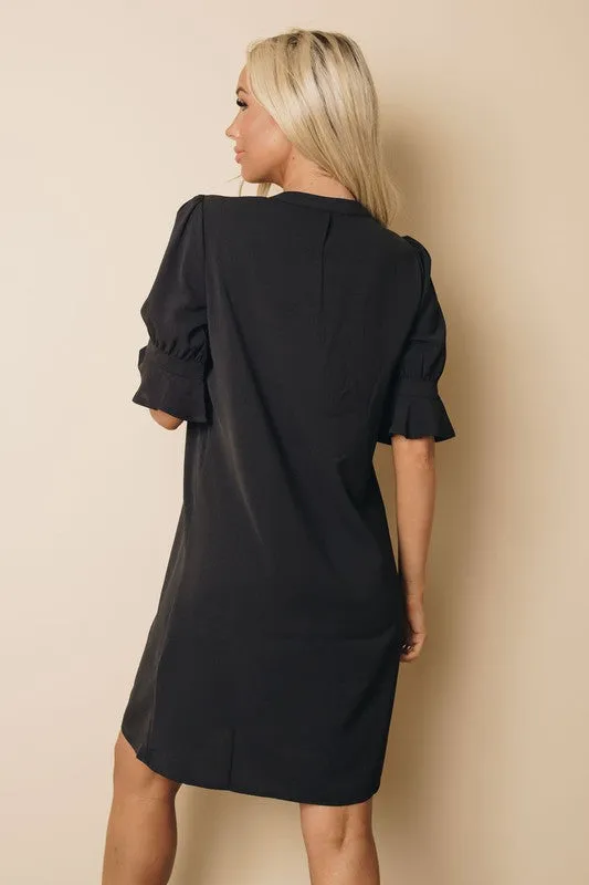 Ruffle Sleeve Shift Dress - Black