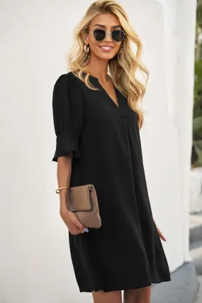 Ruffle Sleeve Shift Dress - Black