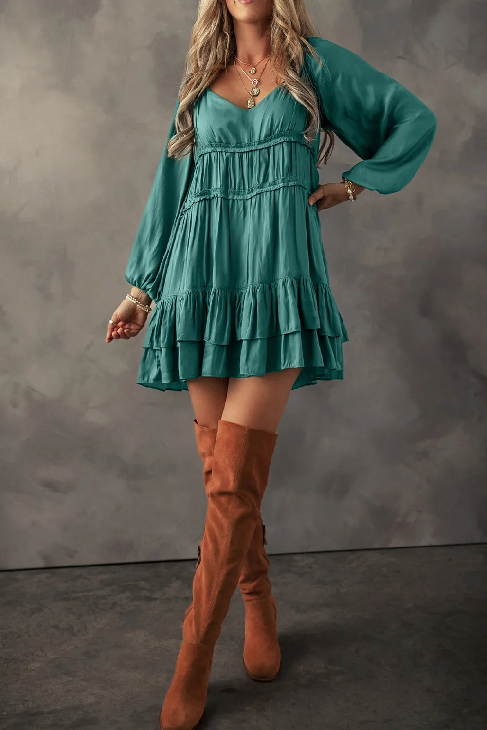 Ruffled Puff Sleeve Loose Fit Mini Dress