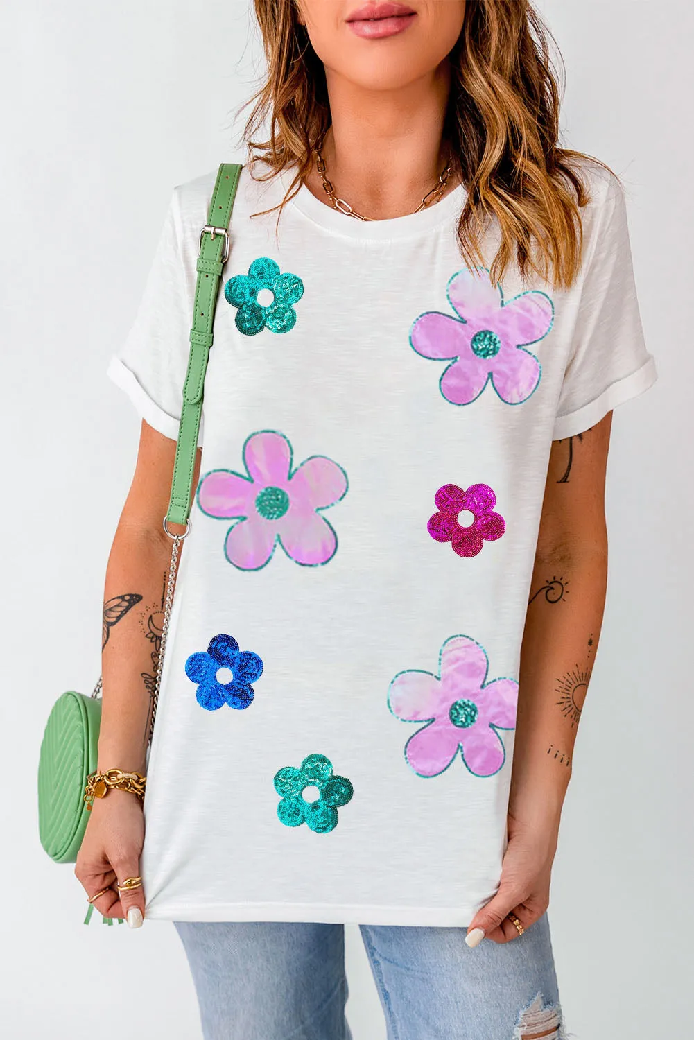 Sequined Flower Pattern Round Neck T Shirt