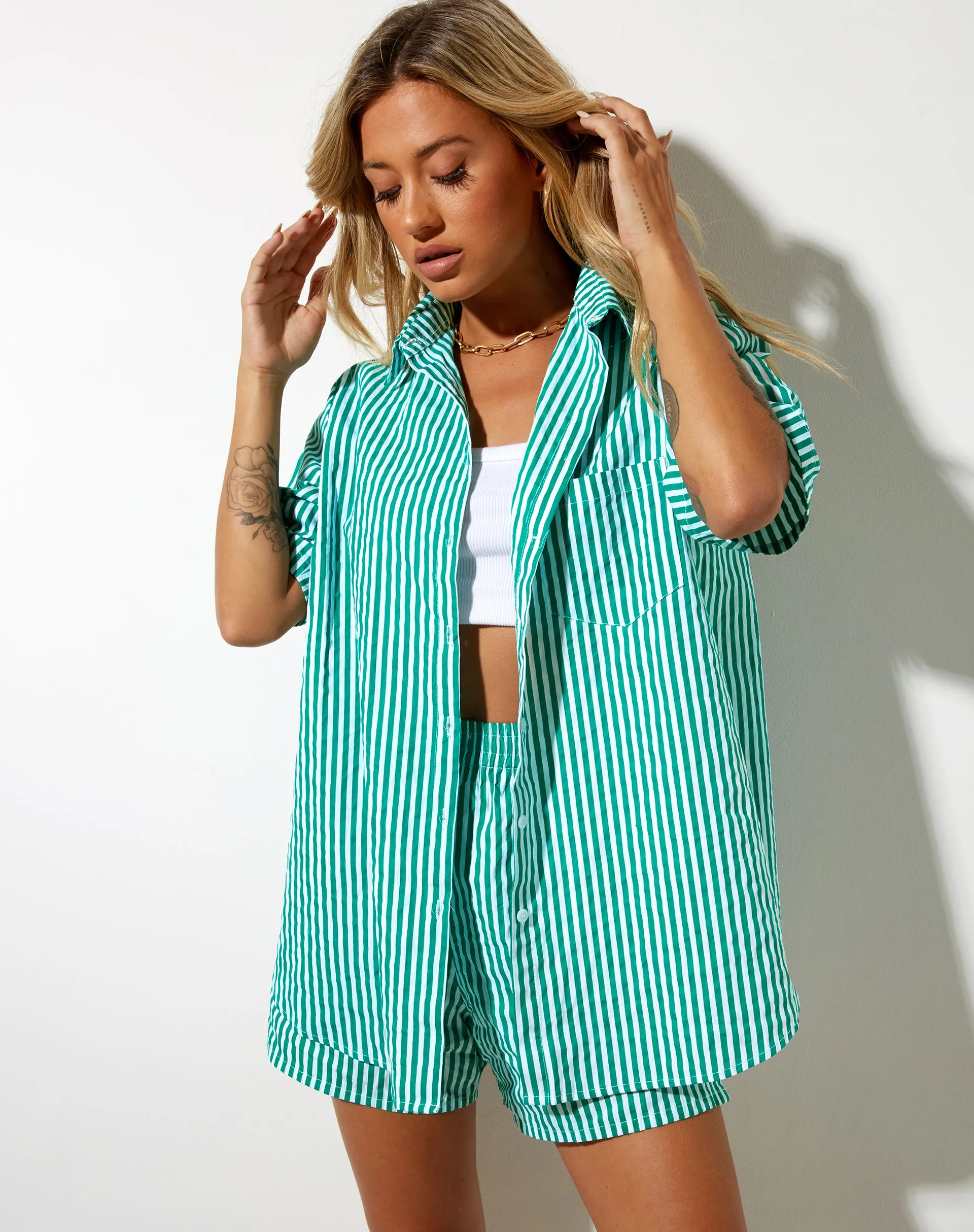 Smith Shirt in Vertical Stripe Green and White