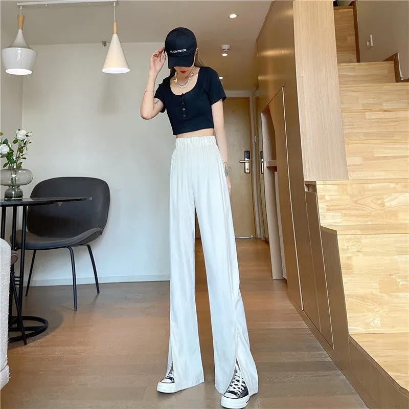 Splitted Plus Size Wide Leg Pants High Waist Straight Long Drape Flare Pants