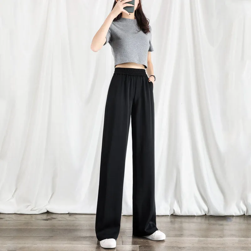 Suits Wide Leg Pants Women High Waist Summer Drape Floor Length Straight Loose Slim-Look Black Long Pants