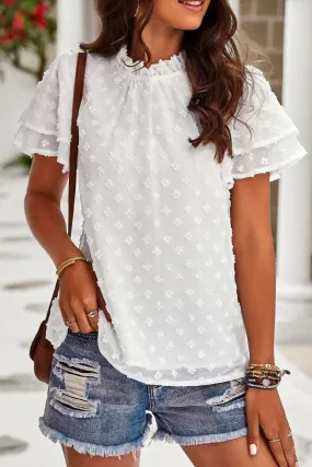 Swiss Dot Ruffle Collar Flutter Sleeve Blouse