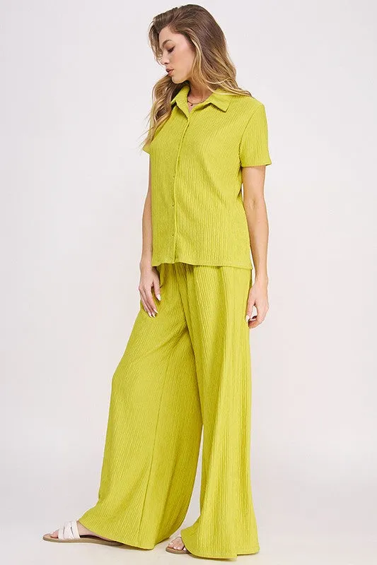 TEXTURED SHORT SLV BUTTON DOWN/WIDE LEG PANTS SET