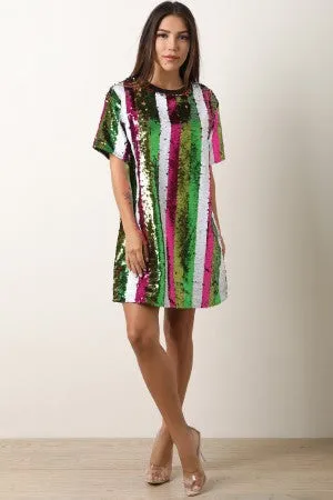 Two-Sided Reversible Sequin Striped Shift Dress