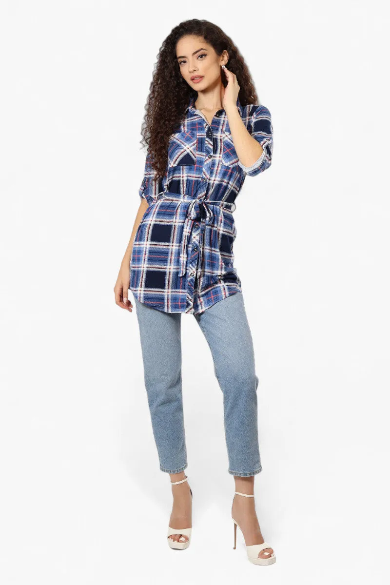 Urbanology Belted Striped Button Down Shirt - Blue