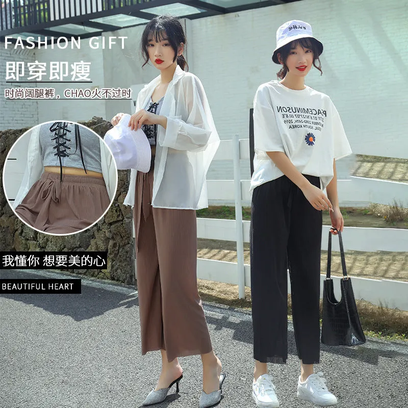 Wide Leg Home Women High Waist All-Matching Drape Loose Casual Summer Ankle-Length Pants