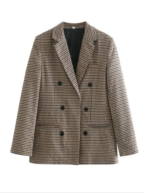 Wjczt Fashion Autumn Women Plaid Blazers and Jackets Work Office Lady Suit Slim Double Breasted Business Female Blazer Coat Talever