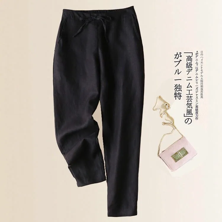 Women Cotton Blend Wide Leg Pants Korean Loose Slim Look All-Matching Casual Slim-Fit Pants